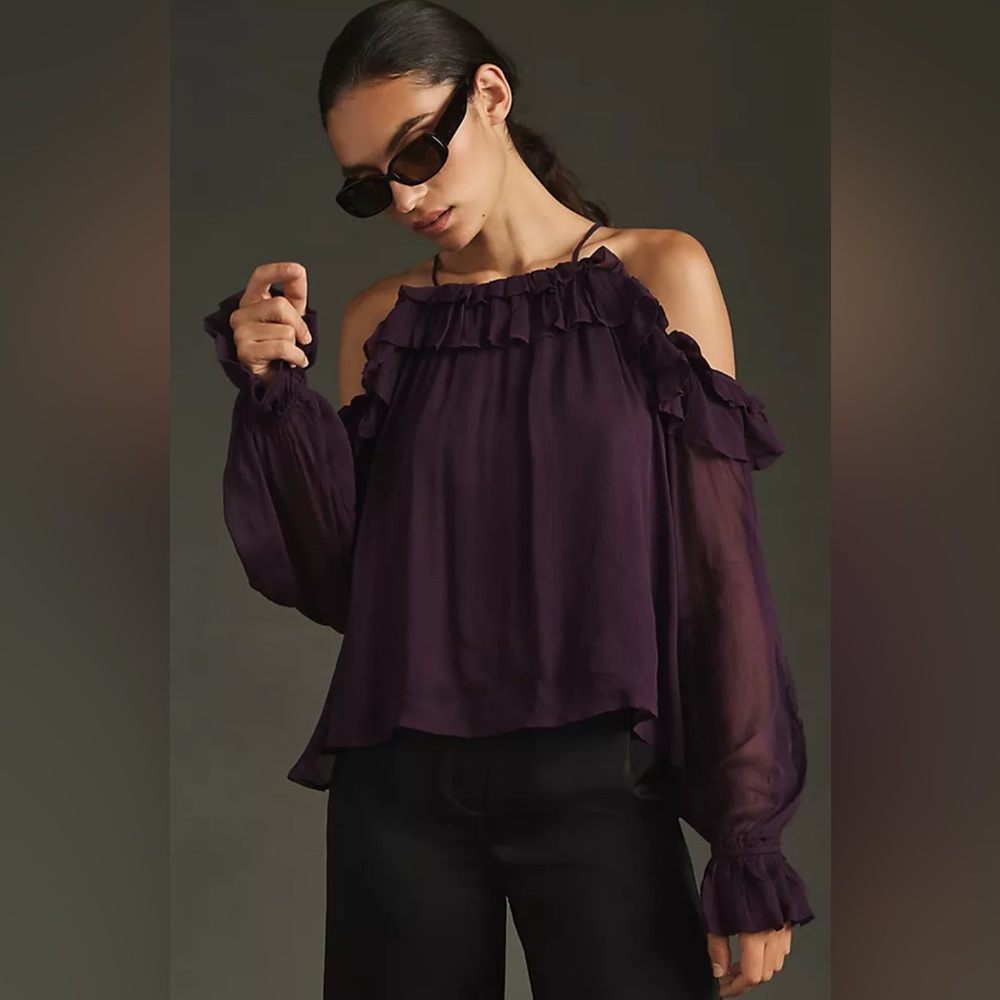 Anthropologie Purple Sheer Off The Shoulder Blouse, Size Large, New With Tags